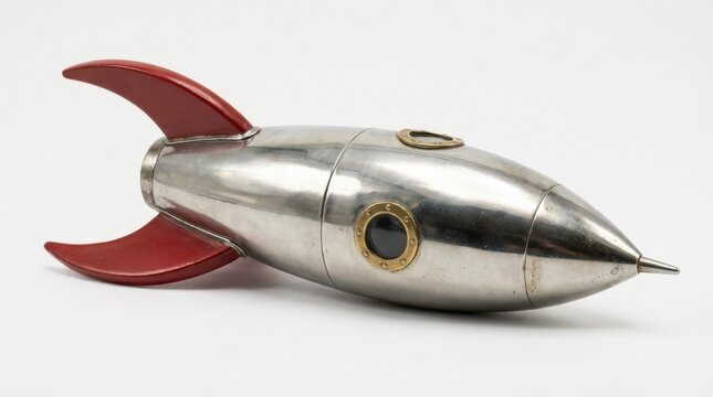 Retro rocket ship isolated on a white background, silver body with red fins, nostalgic toy-space charm, polished vintage styling, ultra-realistic, no logos.