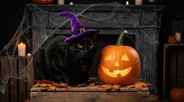 Black cat wearing purple witch hat beside carved jack o lantern, Halloween pet portrait, spooky festive atmosphere, dark background, realistic detail, no logos
