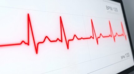 Fototapeta premium Red heartbeat line isolated on a white background, sharp medical pulse trace, clean healthcare emergency graphic style, ultra-realistic, no logos.