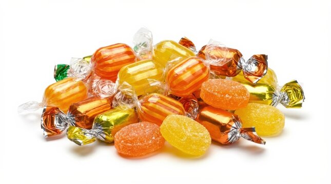Orange and yellow wrapped candy isolated on a white background, glossy sweet confection texture, cheerful festive treat mood, ultra-realistic, no logos.