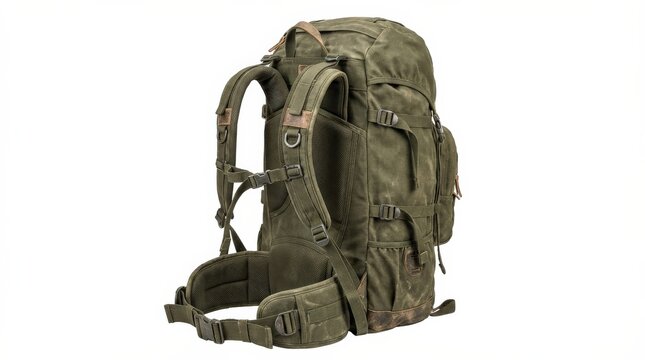 Olive green outdoor backpack isolated on a white background, durable fabric, detailed straps and utility pockets, rugged adventure gear mood, ultra-realistic, no logos.