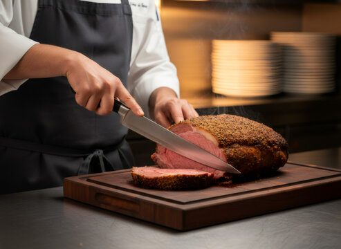 Chef slicing a roasted beef joint on a wooden board. Professional cook carving hot meat in a restaurant kitchen. Culinary preparation of a juicy steak for a gourmet dinner service.