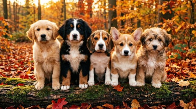Five cute puppies sitting on a log with autumn leaves behind them, adorable dog group portrait in seasonal outdoor scenery, warm natural light, realistic fur detail, no logos