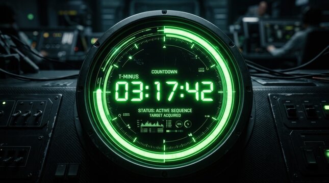 A glowing neon green number sequence moves within a circular progress interface on a dark background, precise countdown energy and data-tracking style creating a cinematic timer scene,