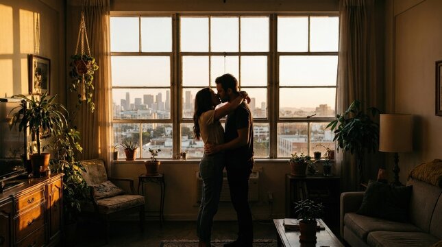 Silhouette of romantic couple embracing and kissing in front of window, love and intimacy concept, dramatic backlight, realistic emotional detail, no logos