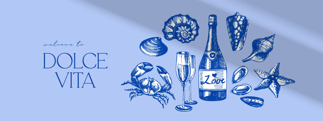 Hand drawn sketch tropical poster with wina and seafood. Dolce vita summer vibe. Vintage summer Italy Mediterranean coastal vacation banner. Vector illustration © pim