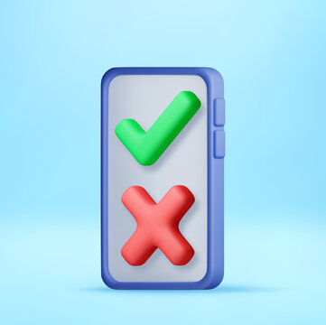 3D Smartphone with check mark and cross symbol on screen. Decision making and survey concept. Mobile application interface for voting or feedback analysis. Vector illustration