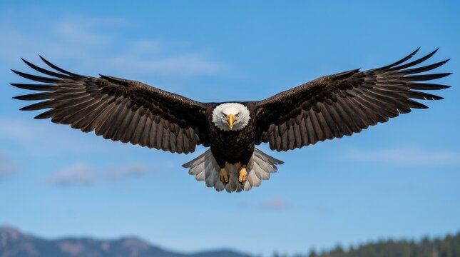 Bald eagle flying directly toward the camera with wings wide, powerful wildlife action shot with sharp feathers and intense gaze, clear sky background, realistic photography, no logos