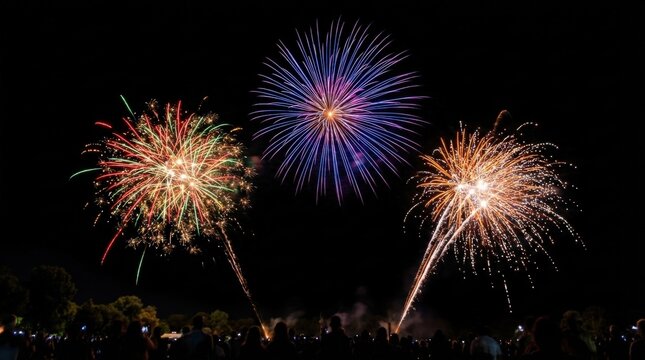 Three colorful fireworks bursts on black background, festive celebration display, bright exploding sparks, holiday event backdrop, vivid contrast, dynamic motion, glowing light trails, no logos