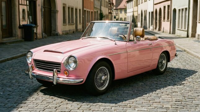 A pink vintage Datsun roadster with chrome bumpers and round headlights, retro automotive elegance and polished nostalgic charm, ultra-realistic, no logos.