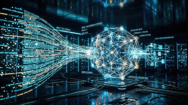 Large language model learning from text, artificial intelligence training concept, glowing data flow, digital knowledge processing, futuristic technology scene, realistic light effects, no logos