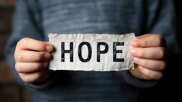 childs hands holding paper hope sign animation