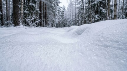 Fototapeta premium Freshly fallen snow ground in close-up, soft snowdrifts, delicate crystalline texture and smooth white contours, quiet winter stillness under cool diffused light, ultra-realistic, no logos.