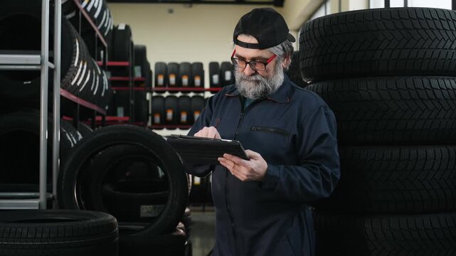 Senior man in blue coveralls checks tablet device while surrounded by stacks of tires in a tire shop, with shelves visible in the background