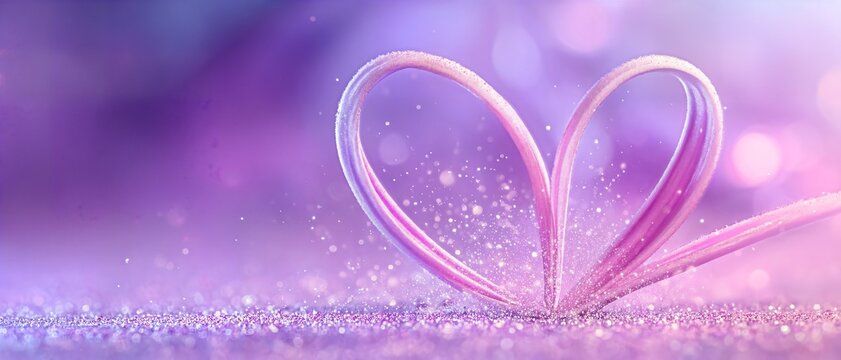 Purple heart-shaped ribbon rests on glittering surface