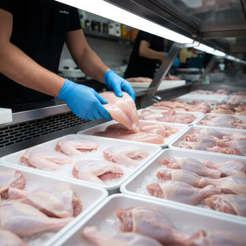 Butcher arranging raw chicken meat in refrigerated display case. Professional food worker preparing poultry for sale. Selling fresh organic meat in grocery store or local butcher shop.