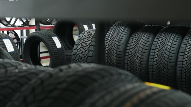 Neatly organized black rubber tires are displayed on metal shelves in an automotive workshop, illuminated by natural light from large windows