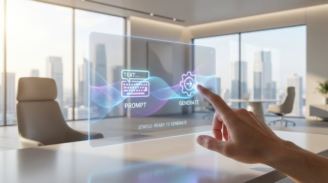 A person touching a virtual assistant workspace with prompt and generate symbols, luminous interface layers and clean future-office energy, ultra-realistic, no logos.
