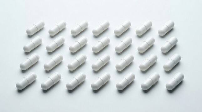 White medical capsules isolated on a clean background, smooth matte shells, crisp contours and orderly composition, sterile clinical studio lighting, ultra-realistic, no logos.