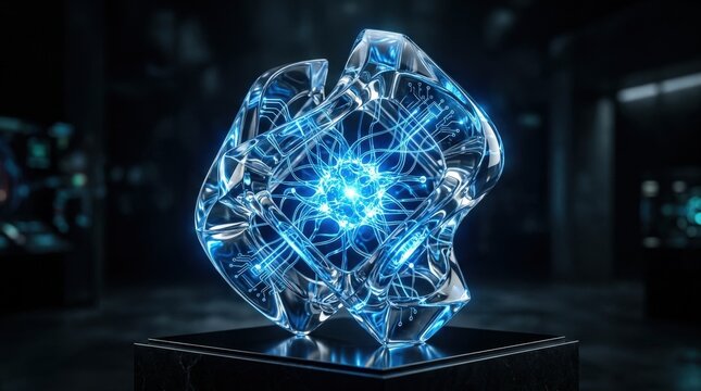 Futuristic glass AI sculpture glowing blue on dark background, advanced technology and artificial intelligence concept with sleek transparent form and luminous energy, polished realistic finish, no