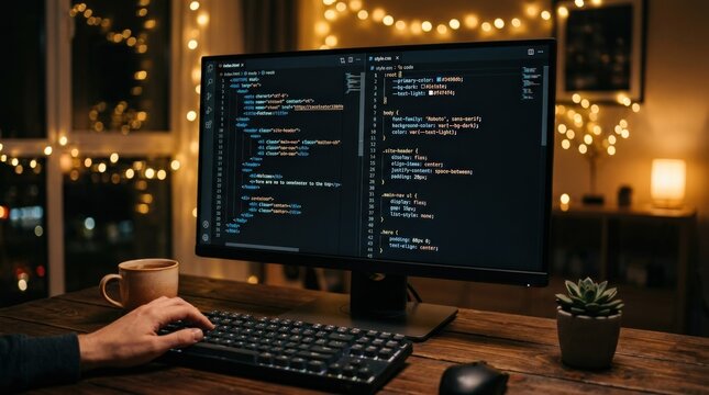 Web development coding screen with HTML and CSS syntax highlighting on a dark background, programming and software development concept with warm bokeh lights, realistic detail, no logos