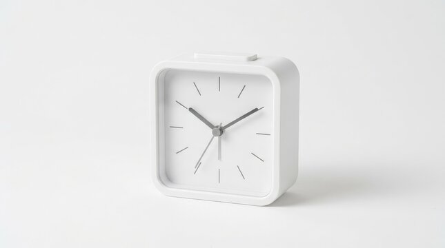 Modern minimalist white square alarm clock isolated on a white background, clean home decor timepiece with simple face and sharp product presentation, realistic detail, no logos