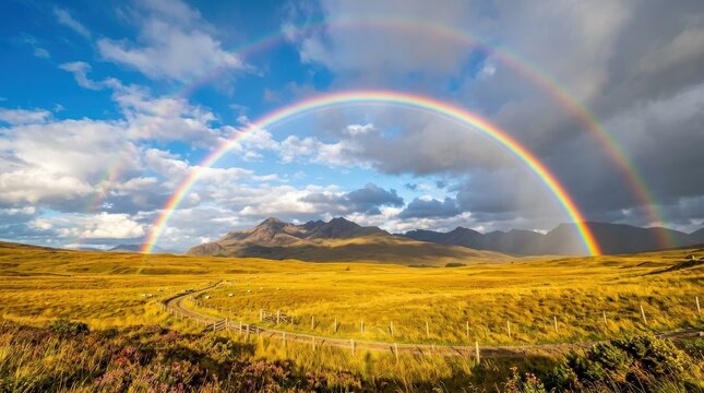 Vibrant double rainbow over golden grassland under blue sky, dramatic nature landscape, colorful weather phenomenon, bright open scenery, no logos