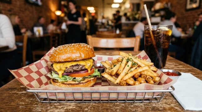 Fast food menu with cheeseburger and fries, classic combo meal, melted cheese, crispy potatoes, appetizing restaurant presentation, no logos