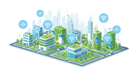 Obraz premium Meticulous isometric illustration of a futuristic smart city featuring eco-friendly buildings with vertical gardens and integrated wireless technology icons.