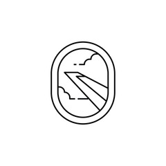 Obraz premium Airplane window view line icon showing the wing and clouds for flight booking, air travel, and aviation transportation concept design