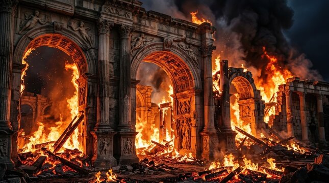 Ancient classical stone arches surrounded by roaring fire flames, weathered architecture with carved details and glowing embers, dramatic mythic atmosphere, intense contrast between stone and fire,