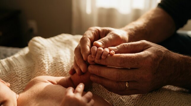 Adult hands gently holding a tiny baby hand, newborn care parenting bond and family connection concept with tender protective gesture, soft warm light, realistic detail, no logos