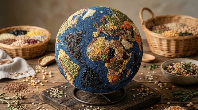 Earth made from seeds and grains, global sustainability and natural food diversity concept, creative textured composition, studio lighting, realistic detail, no logos