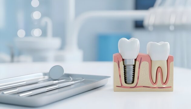 Model of dental implant beside natural tooth with dental mirror and explorer, representing implant placement and restorative dentistry procedure., Dental Implants & Dentistry