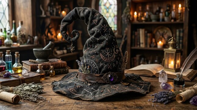 A magic witch hat with a tall curved crown and broad brim, dark fabric, subtle wear and mystical charm, fantasy studio composition with enchanted mood, ultra-realistic, no logos.