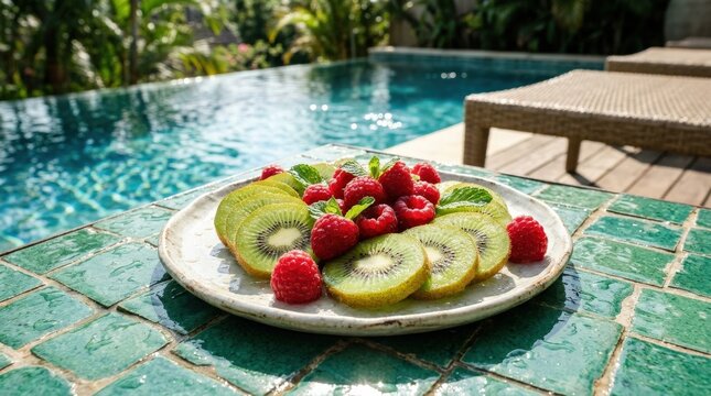 Sliced kiwi and raspberries arranged on a textured green surface with reflected light, creative fruit composition, poolside-inspired styling, no logos