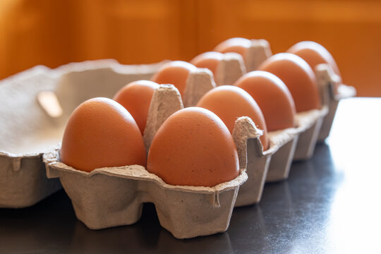 Close up of fresh locally sourced bio farm organic brown chicken eggs in an open cardboard carton on a dark surface