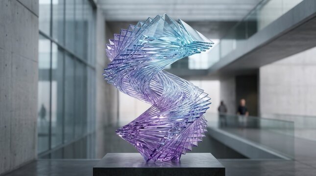 A layered abstract glass swirl made of transparent triangular crystal plates, soft purple-blue gradient, twisted line array, airy depth, elegant futuristic design element, luminous and minimal,
