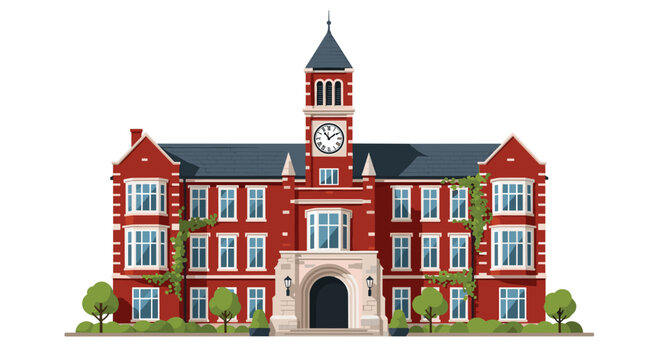 Grand red brick university building features a central clock tower and lush green vines climbing the facade under bright daylight conditions.