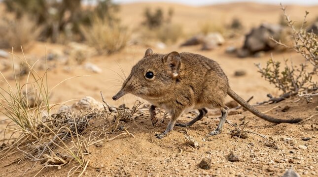 Small sengi exploring its desert habitat, rare wildlife scene, sandy natural environment, alert animal close-up, realistic detail, no logos
