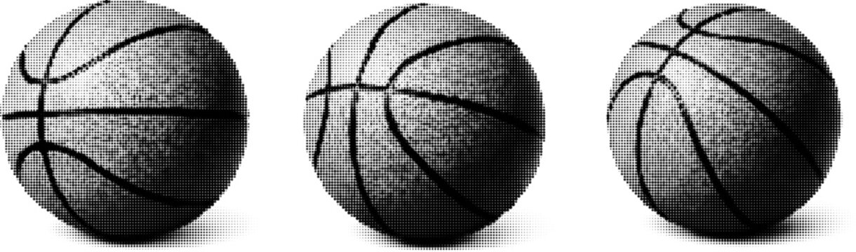 Halftone vector dotted grunge retro basketball trio in trendy monochrome style