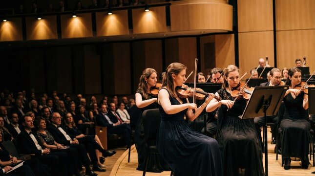 Female violinists performing in a concert hall, live classical music ensemble, elegant musicians on stage, orchestral performance atmosphere, refined audience event setting, warm stage lighting,