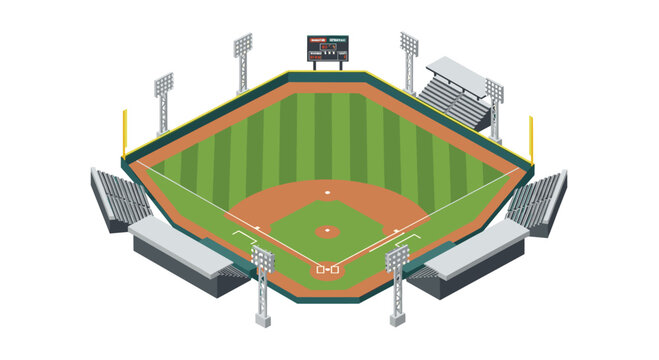 A complete isometric baseball stadium features a meticulously manicured green field, a brown dirt infield diamond, empty spectator stands, and towering stadium floodlights.