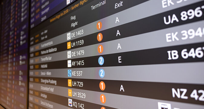 Airport Frankfurt am Main, Germany, April 11, 2026. - Arrival and departure board. Screen displaying information about flights, gates, airlines, flight status for passengers, travel destination.