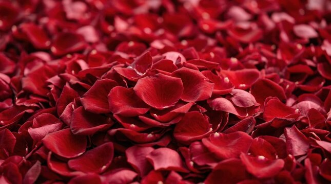 Pile of red rose petals as a romantic texture background, rich floral surface with soft velvety detail and love theme, decorative design backdrop, vivid color, close up realism, no logos