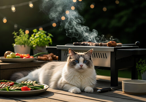 Fluffy ragdoll cat with blue eyes lounges on wooden deck near barbecue grill with food and smoke, summer evening, string lights overhead, romantic outdoor dining ambiance.