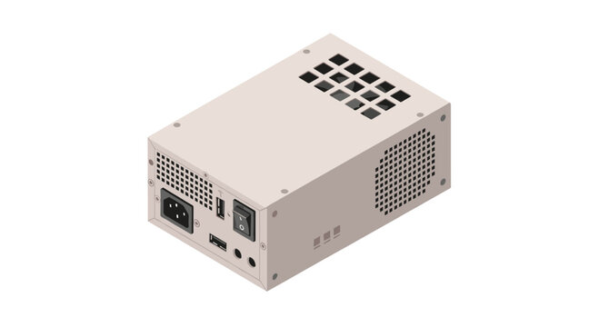 A detailed isometric view of a beige computer power supply unit highlights its cooling fan vents, electrical ports, and a prominent black power switch.
