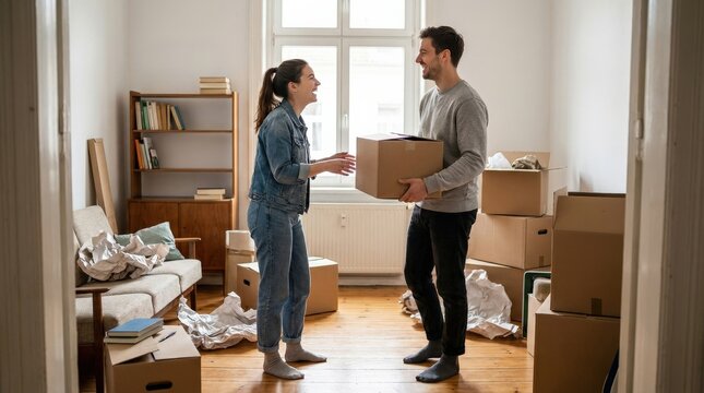Young couple talking while unpacking in their new home after moving in, fresh start and relocation concept, cozy interior, candid lifestyle moment, realistic photography, no logos