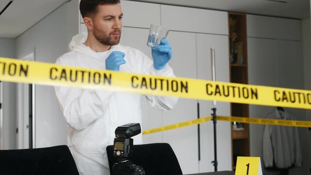 Forensic specialist in a white suit inspects a sample in a lab, with a camera and evidence marker on the table, yellow tape indicating a crime scene