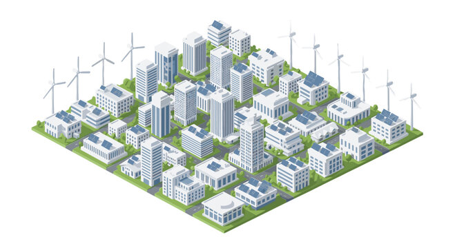 A sustainable smart city layout showcases modern white architectural structures integrated with renewable energy sources like rooftop solar panels and wind turbines.